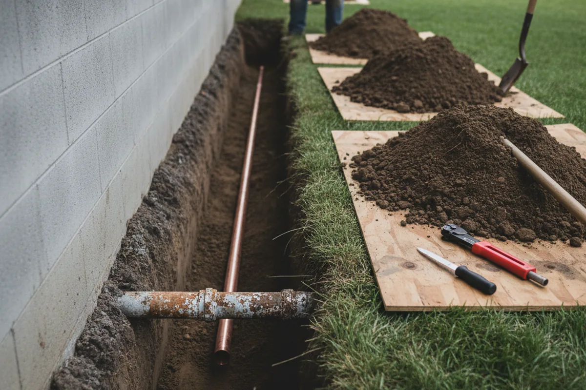 Excavated water line trench during Water Softener Installation in Esopus